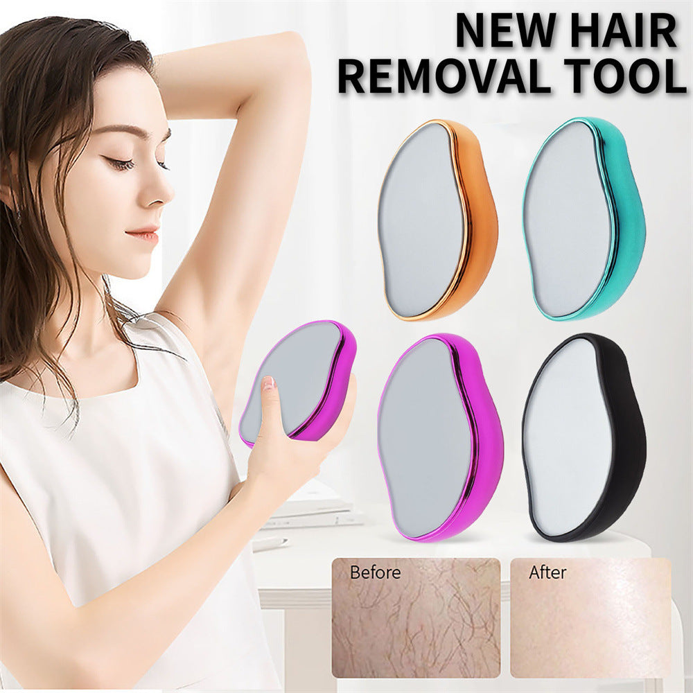 Glass Frosted Exfoliator, handheld oval hair removal tool with a smooth frosted glass face and colorful curved casing in orange, teal, pink, and black.