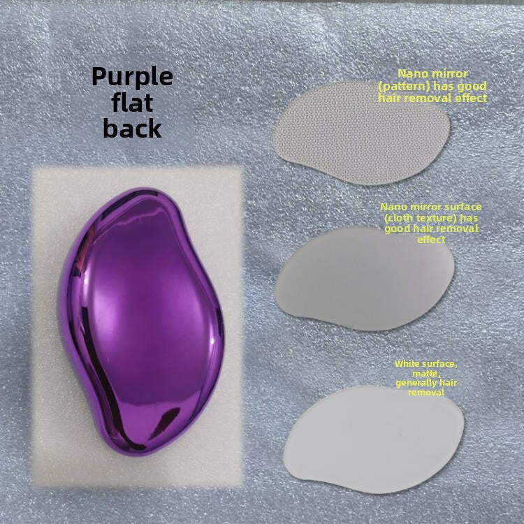 Glass Frosted Exfoliator with a glossy purple, curved handheld body and flat back, shown with three textured glass pads