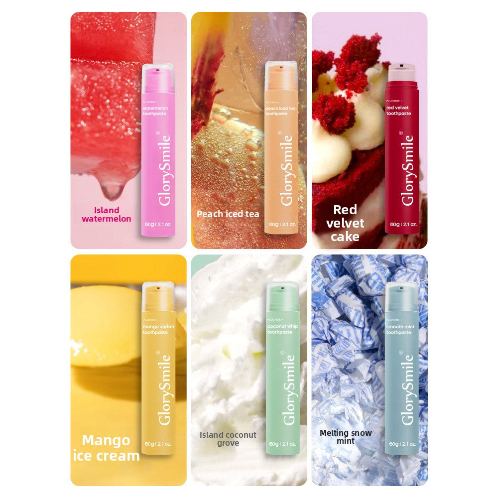 Glory Smile Fruity Toothpaste tubes in orange, red, pink, mint green, blue-gray and yellow, with clear caps and slim packaging.