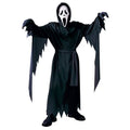Glow-in-the-Dark Halloween Skeleton Costume with a black hooded robe, jagged sleeves, and a white ghost mask