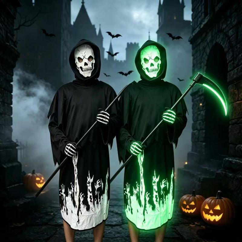 Glow-in-the-Dark Halloween Skeleton Costume in black with white and neon green glowing skull masks and flame-hem robes