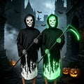 Glow-in-the-Dark Halloween Skeleton Costume in black with white and neon green glowing skull masks, bone prints and hooded robes