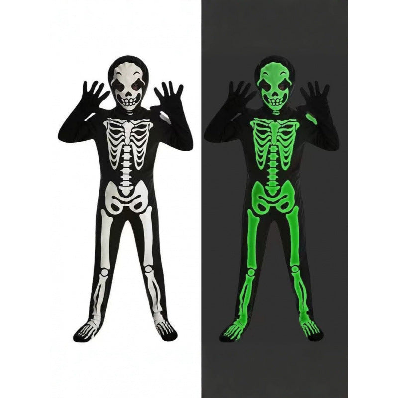 Glow-in-the-Dark Halloween Skeleton Costume in black polyester with white bone print that glows bright green in the dark