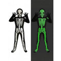 Glow-in-the-Dark Halloween Skeleton Costume in black polyester with white bone print that glows bright green, full-body design