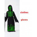 Glow-in-the-Dark Halloween Skeleton Costume in a black hooded robe with bright green skeleton and reaching-hand prints, plus gloves