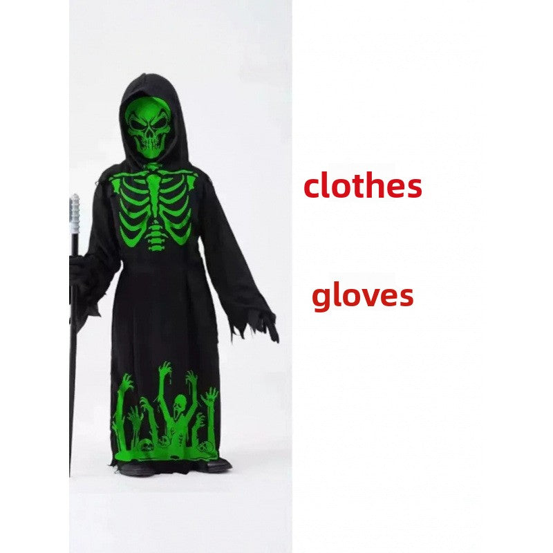 Glow-in-the-Dark Halloween Skeleton Costume in a black hooded robe with bright green skeleton and reaching-hand prints, plus gloves