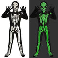 Glow-in-the-Dark Halloween Skeleton Costume in black with white and fluorescent green skeleton prints, matching hood and gloves