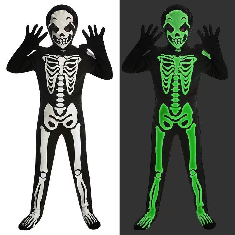 Glow-in-the-Dark Halloween Skeleton Costume in black with white and fluorescent green skeleton prints, matching hood and gloves