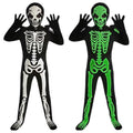 Glow-in-the-Dark Halloween Skeleton Costume in black with white and bright green skeleton prints and a hooded skull face