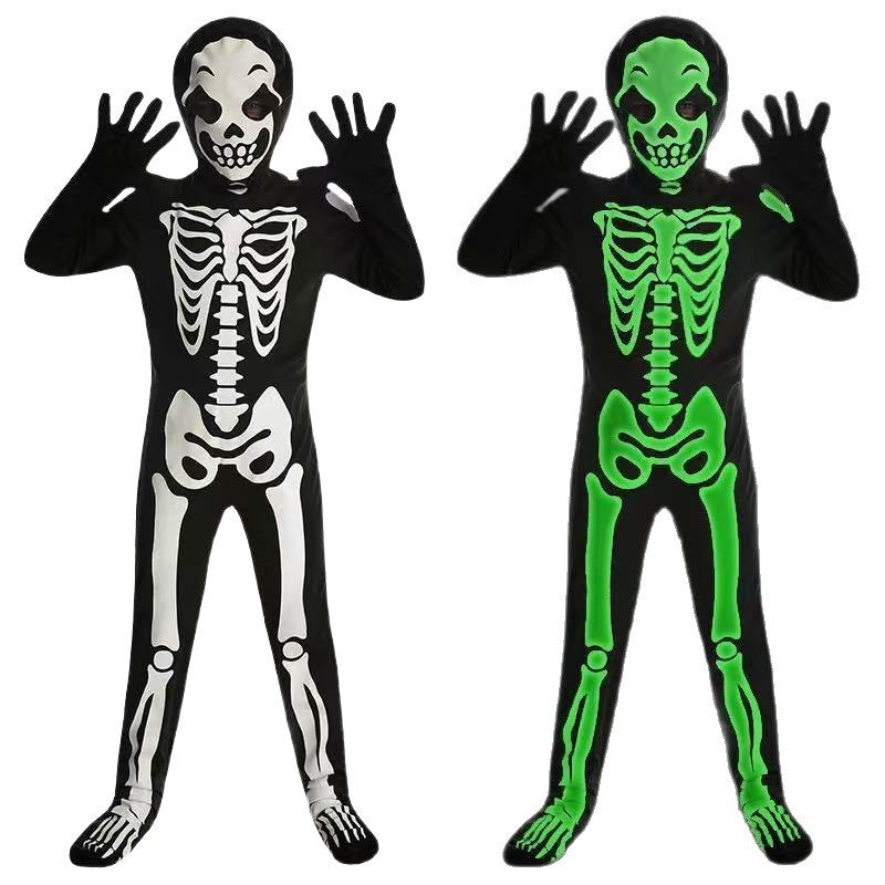 Glow-in-the-Dark Halloween Skeleton Costume in black with white and bright green skeleton prints and a hooded skull face