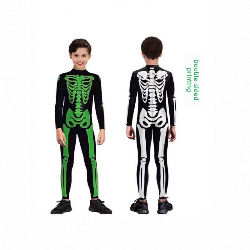 Glow-in-the-Dark Halloween Skeleton Costume in black stretchy fabric with bright green and white bone prints, shown front and back
