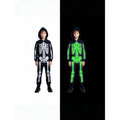 Glow-in-the-Dark Halloween Skeleton Costume with a black hooded jumpsuit, white bone print and bright green glow-in-the-dark bones