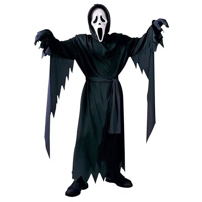 Glow-in-the-Dark Halloween Skeleton Costume with a black hooded robe, jagged sleeves and hem, and a white scream mask