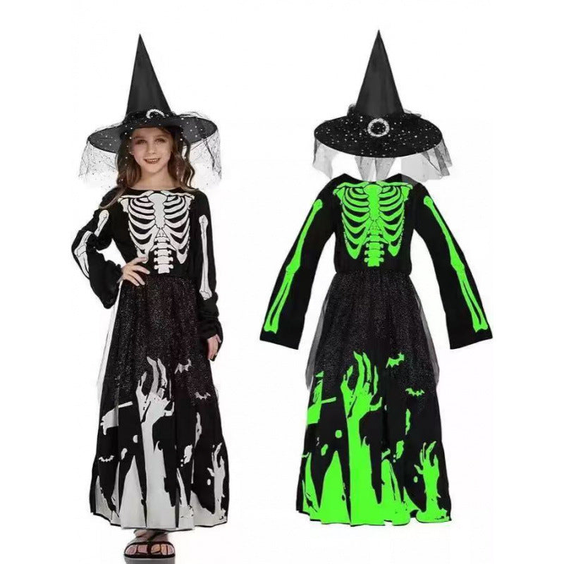 Glow-in-the-Dark Halloween Skeleton Costume in black polyester with white and neon green skeleton prints, witch hat and veil