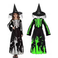 Glow-in-the-Dark Halloween Skeleton Costume with black witch hats, long dresses, white skeleton print and neon green accents