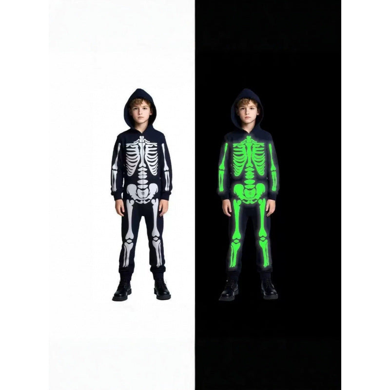 Glow-in-the-Dark Halloween Skeleton Costume in black polyester, with a hood and white skeleton print that glows neon green.