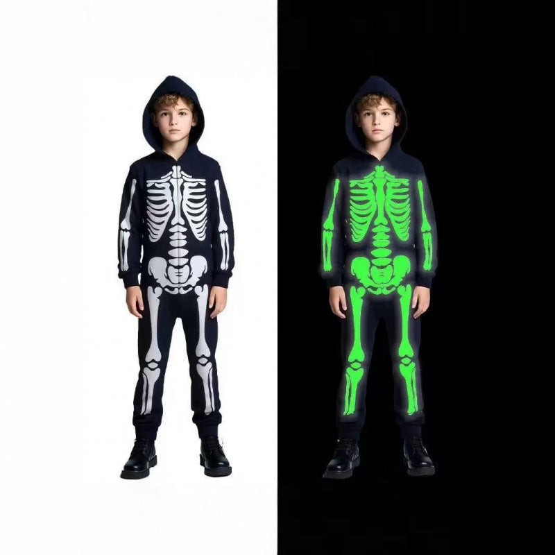 Glow-in-the-Dark Halloween Skeleton Costume in black polyester, with a hood and white skeleton print that glows green in the dark
