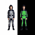 Glow-in-the-Dark Halloween Skeleton Costume in black polyester, with a hood and white skeleton print that glows green in the dark
