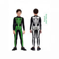 Glow-in-the-Dark Halloween Skeleton Costume, black full-body suit with bright green skeleton print on one side and white on the other