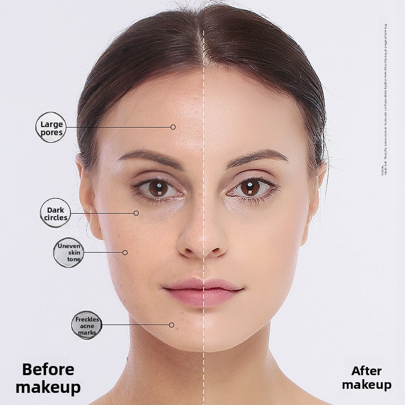 Goddess Beauty Pure Beauty foundation coverage graphic with a woman's face showing pores, dark circles and freckles before and smoother skin after makeup