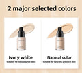 Goddess Beauty Pure Beauty liquid foundation bottle shown in ivory white and natural color shades with matching swatches