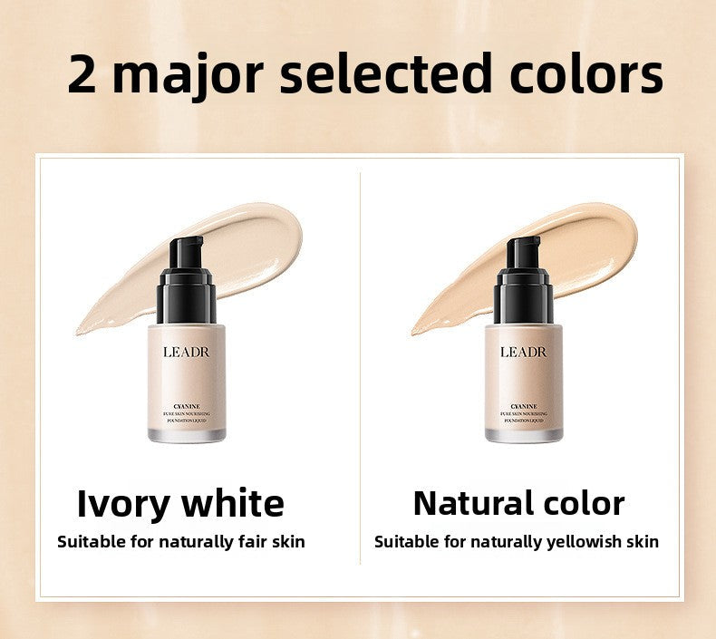 Goddess Beauty Pure Beauty liquid foundation bottle shown in ivory white and natural color shades with matching swatches