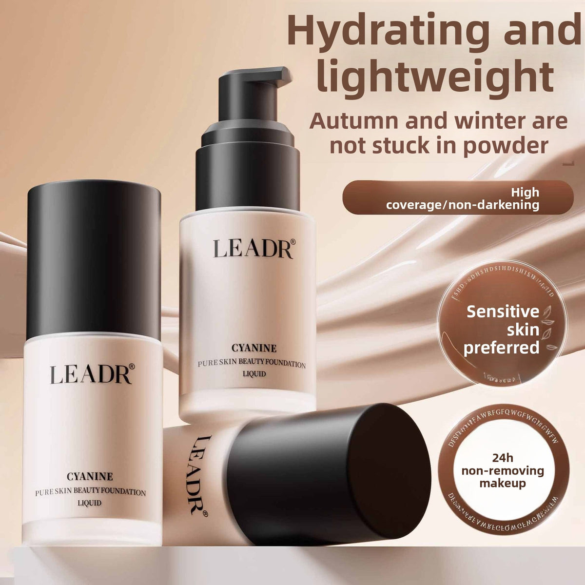 Goddess Beauty Pure Beauty liquid foundation in pale ivory bottles with black pumps and caps, labeled hydration and lightweight coverage.