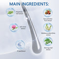 Hair Growth Serum ingredient infographic with a grey hair strand and extracts of rosemary, saw palmetto, red clover, melaleuca, moringa and D-panthenol