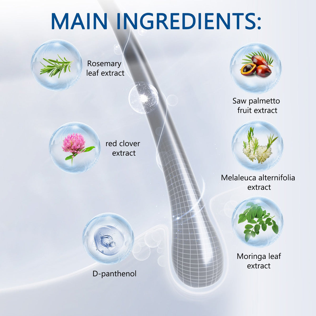 Hair Growth Serum ingredient infographic with a grey hair strand and extracts of rosemary, saw palmetto, red clover, melaleuca, moringa and D-panthenol