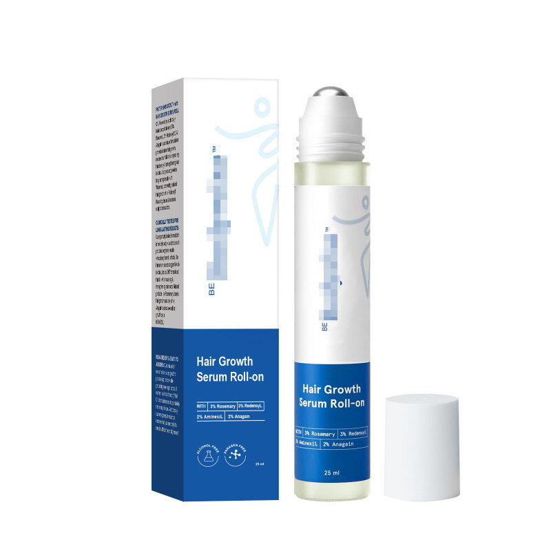 Hair Growth Serum in a white roll-on bottle with a silver roller ball, pale green band and blue label, beside its matching box