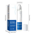 Hair Growth Serum roll-on in a white bottle with a blue label, silver roller ball and matching white packaging