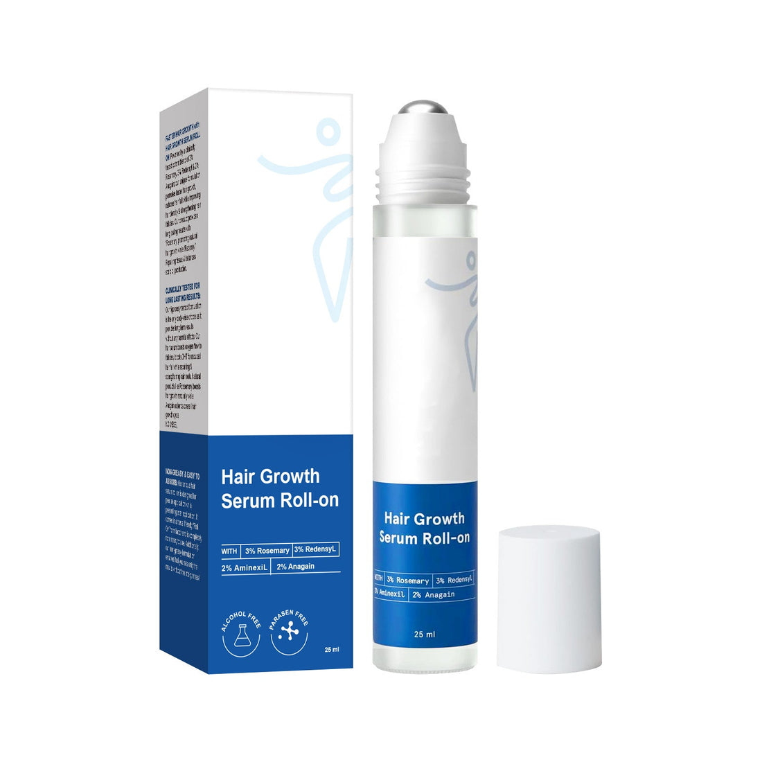 Hair Growth Serum in a white cylindrical roll-on bottle with silver roller tip, blue labels, and 25 ml marking