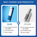 Hair Growth Serum in a slim white roller bottle with a blue label and rounded applicator, shown beside a comparison bottle