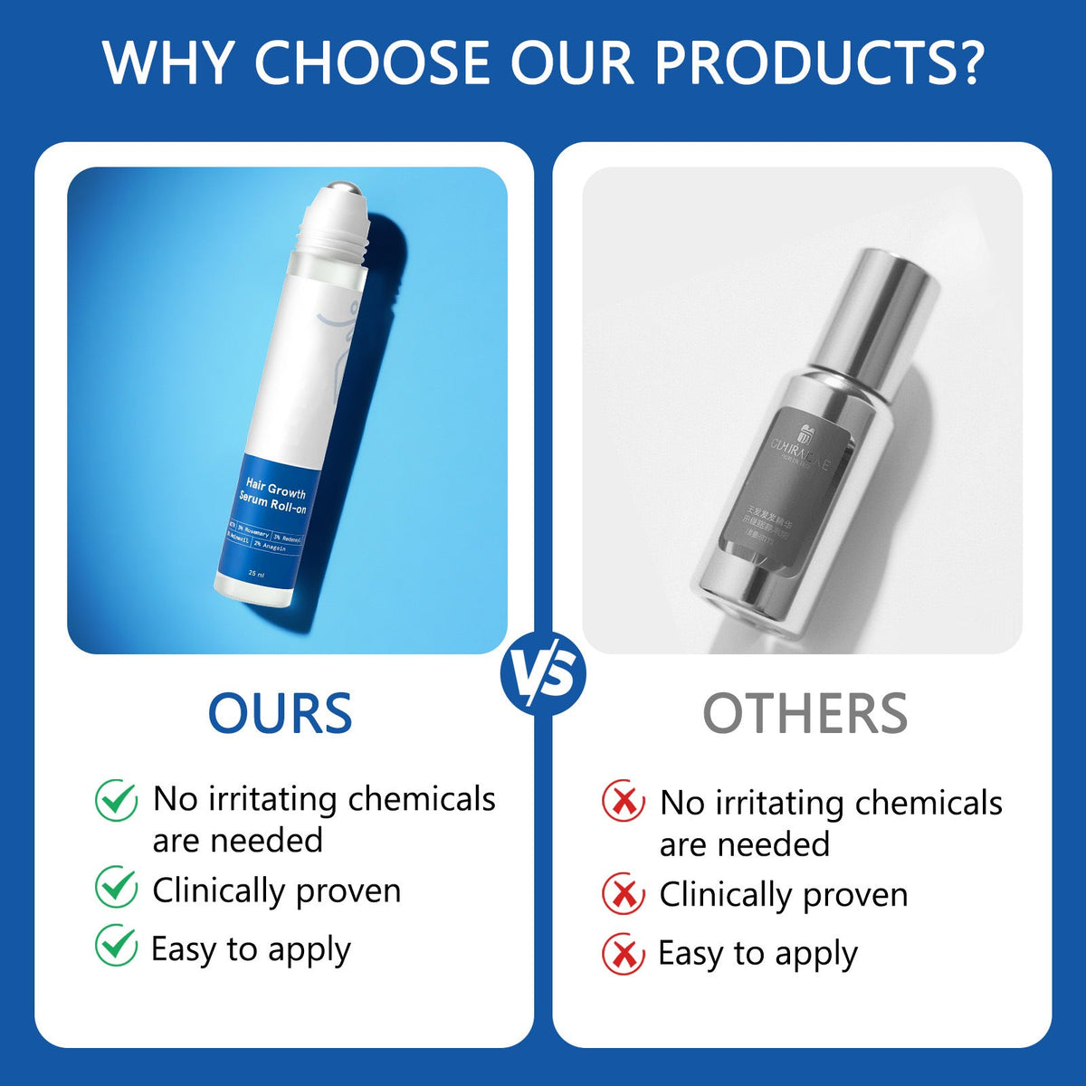 Hair Growth Serum in a slim white roller bottle with a blue label and rounded applicator, shown beside a comparison bottle