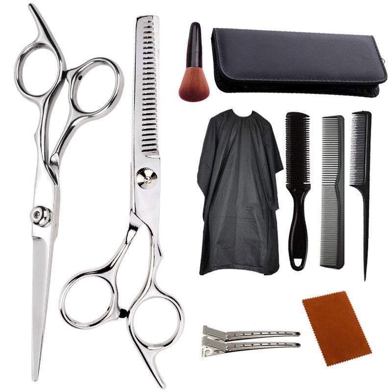 Hair Scissors Haircutting set with polished silver straight and thinning shears, black combs, cape, clips and case