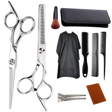 Hair Scissors Haircutting set with polished silver straight and thinning shears, black combs, cape, clips and case