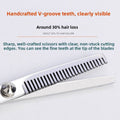 Hair Scissors Haircutting thinning shears in polished silver stainless steel, with fine V-groove teeth and an adjustable pivot