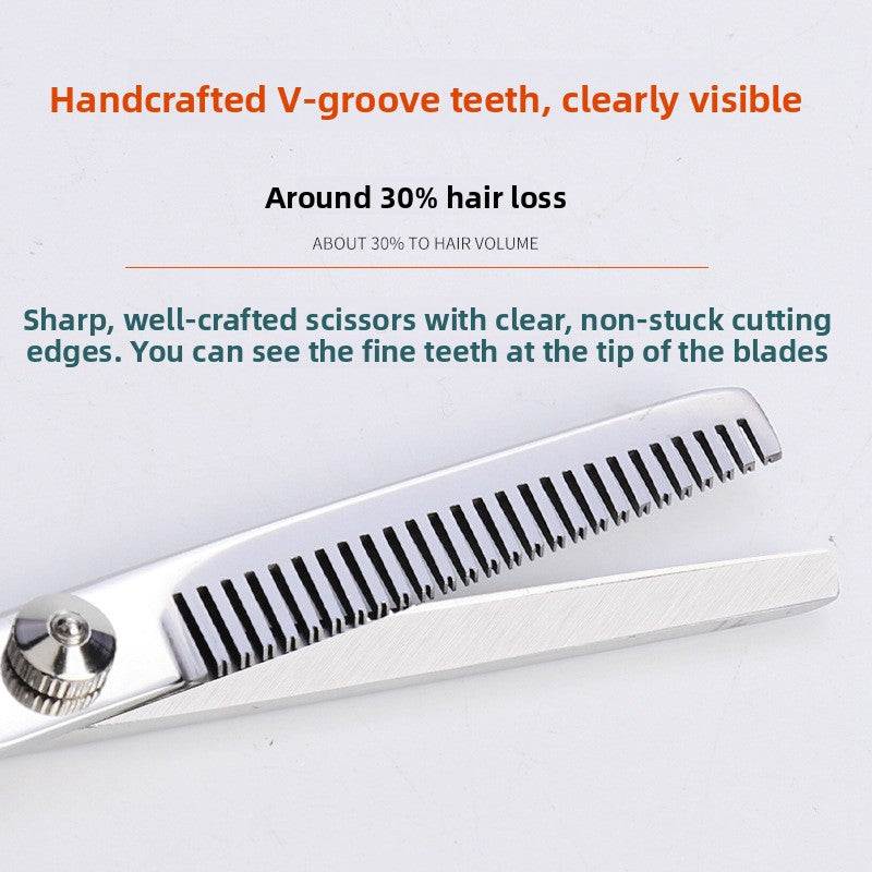 Hair Scissors Haircutting thinning shears in polished silver stainless steel, with fine V-groove teeth and an adjustable pivot