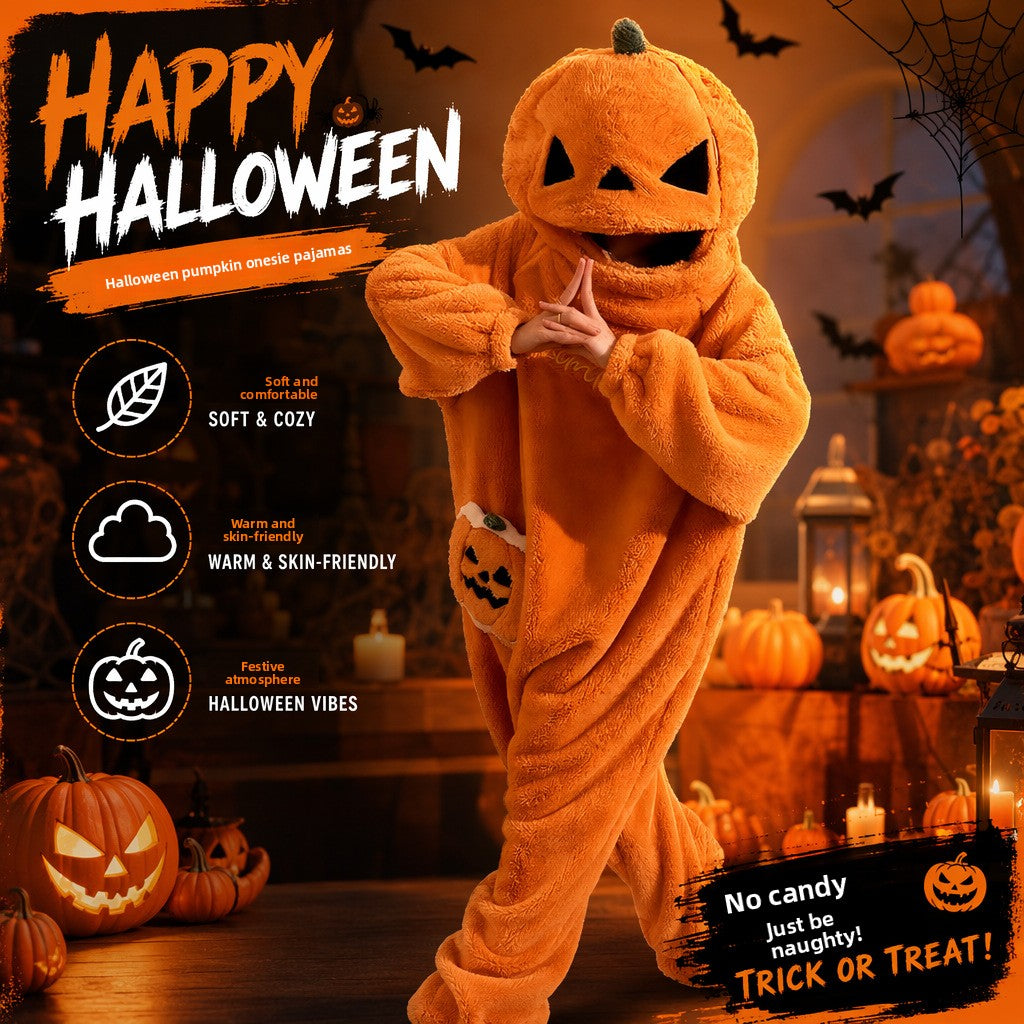 Halloween Cartoon Coral Fleece jumpsuit in plush orange, featuring a hood with a black jack-o’-lantern face and pumpkin accents.