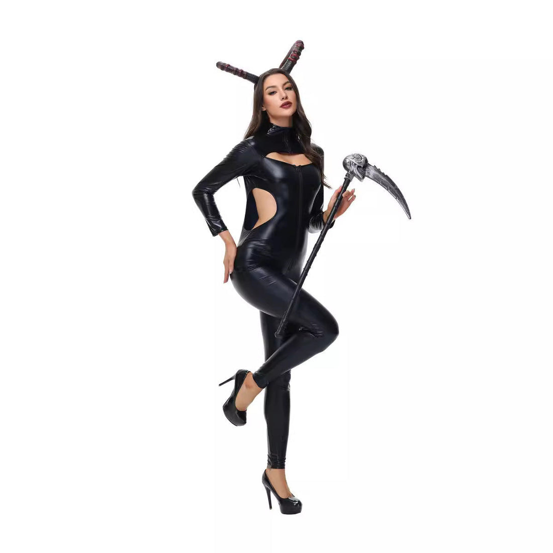 Halloween Cosplay Costume catsuit in glossy black patent-look PU with long sleeves, body cutouts, and curved horn headband.