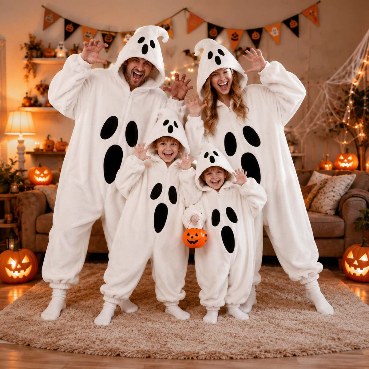 Halloween Ghost Plush Pajamas in soft white fleece, featuring hooded one-piece suits with black oval ghost faces for adults and children.