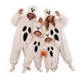 Halloween Ghost Plush Pajamas in white fleece feature black ghost faces and hoods, shown worn by a family of four