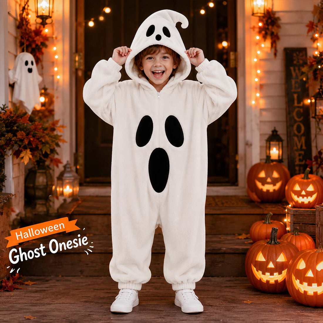 Halloween Ghost Plush Pajamas in soft white fleece, featuring hooded one-piece suits with black oval ghost faces for adults and children.