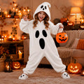 Halloween Ghost Plush Pajamas are a white fleece one-piece with a hood, black ghost face and oval details, and foot covers.