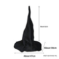 Halloween Hat in black cloth with a tall, floppy pointed crown and wide brim, shown with size measurements