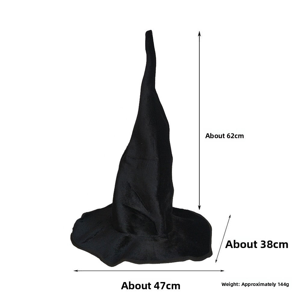 Halloween Hat in black cloth with a tall, floppy pointed crown and wide brim, shown with size measurements