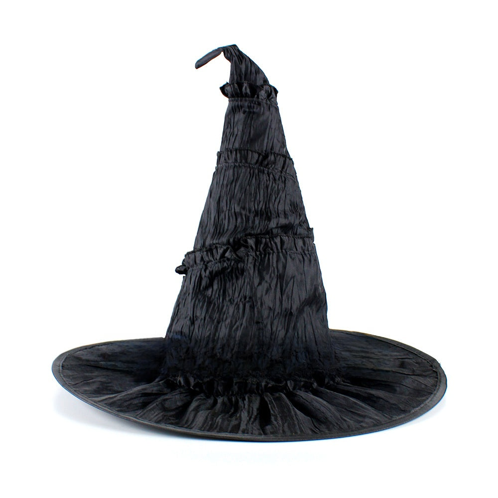 Halloween Hat in black crinkled fabric with a tall gathered pointed crown and broad floppy brim