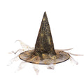 Halloween Hat in black fabric with gold spiderweb pattern, pointed crown and wide brim edged with trailing mesh