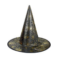 Halloween Hat with a tall pointed black fabric crown and wide brim, covered in intricate gold spiderweb patterns