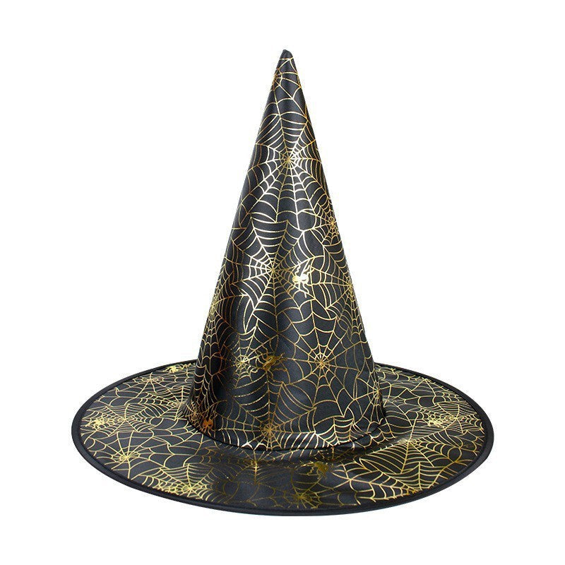 Halloween Hat with a tall pointed black fabric crown and wide brim, covered in intricate gold spiderweb patterns